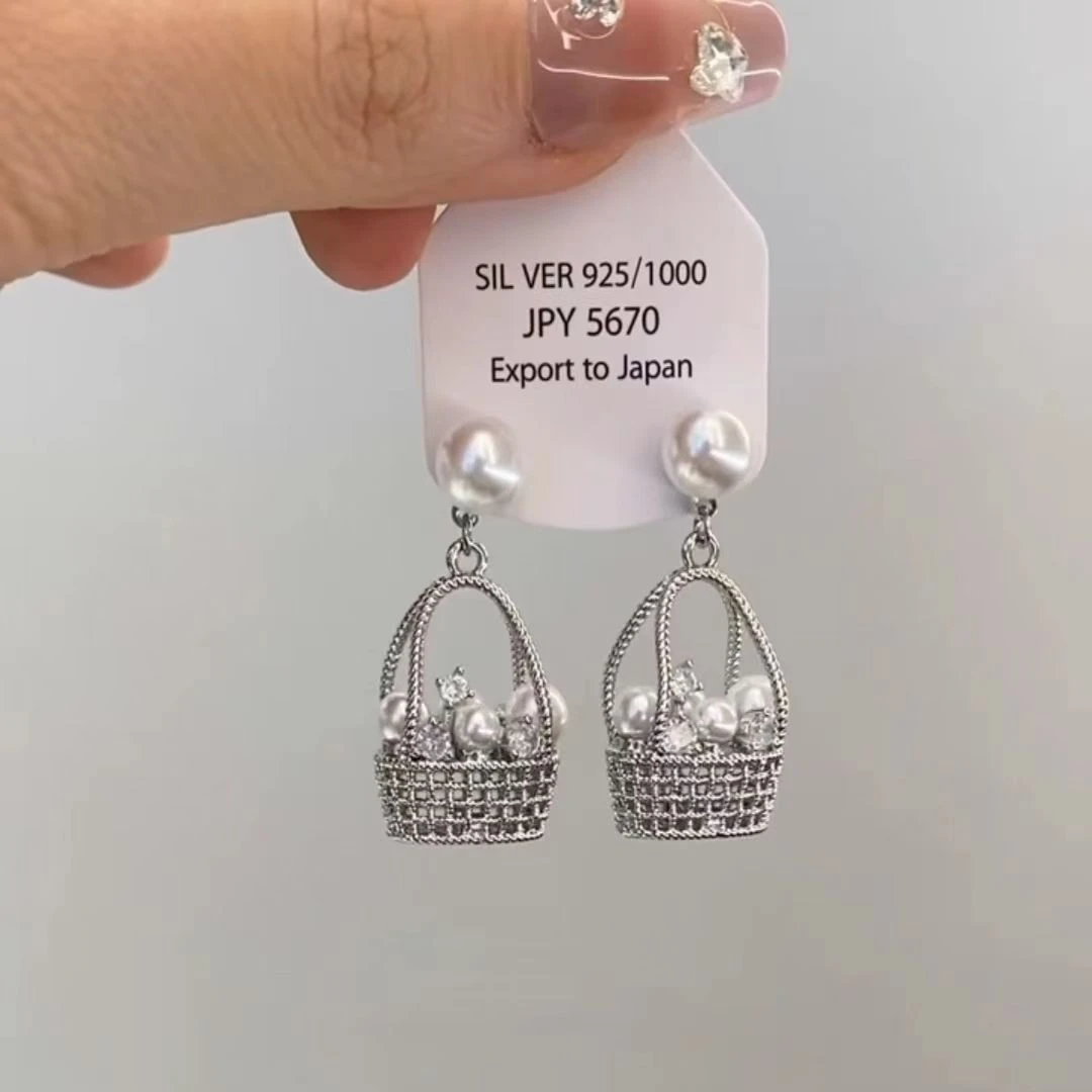 精致复古珠珠花篮耳环女轻奢高级感闪钻耳坠气质独特小众耳饰饰品