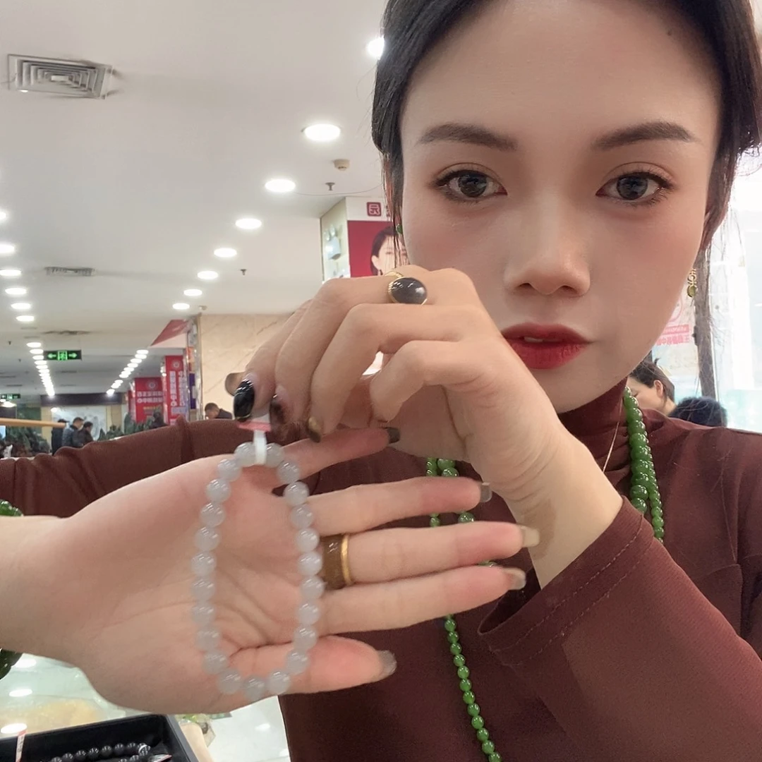 和田玉手串烟紫卡8未镶嵌