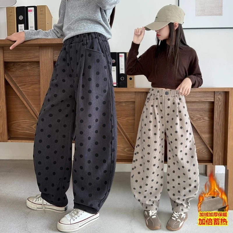 女童加绒裤子秋冬款女大童时髦洋气灯芯绒老爹裤女孩初中生休闲裤