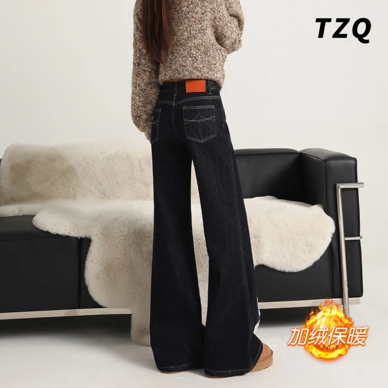 美式复古加绒微喇牛仔裤女款爆款2025秋冬季高腰显瘦百搭喇叭裤子