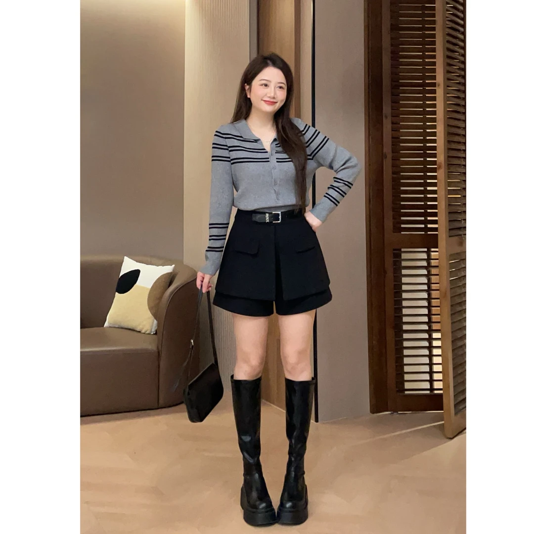 大萌萌 秋冬休闲百搭POLO领条纹套头针织毛衫微胖显瘦P225X20573