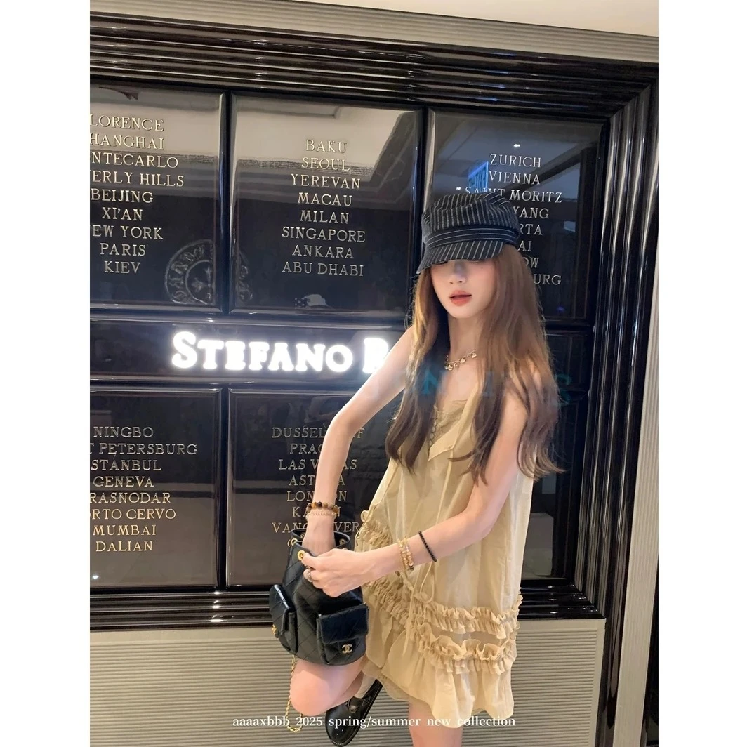 显瘦两色花边系带连衣裙女夏设计感小众百搭圆领无袖背心裙短裙潮