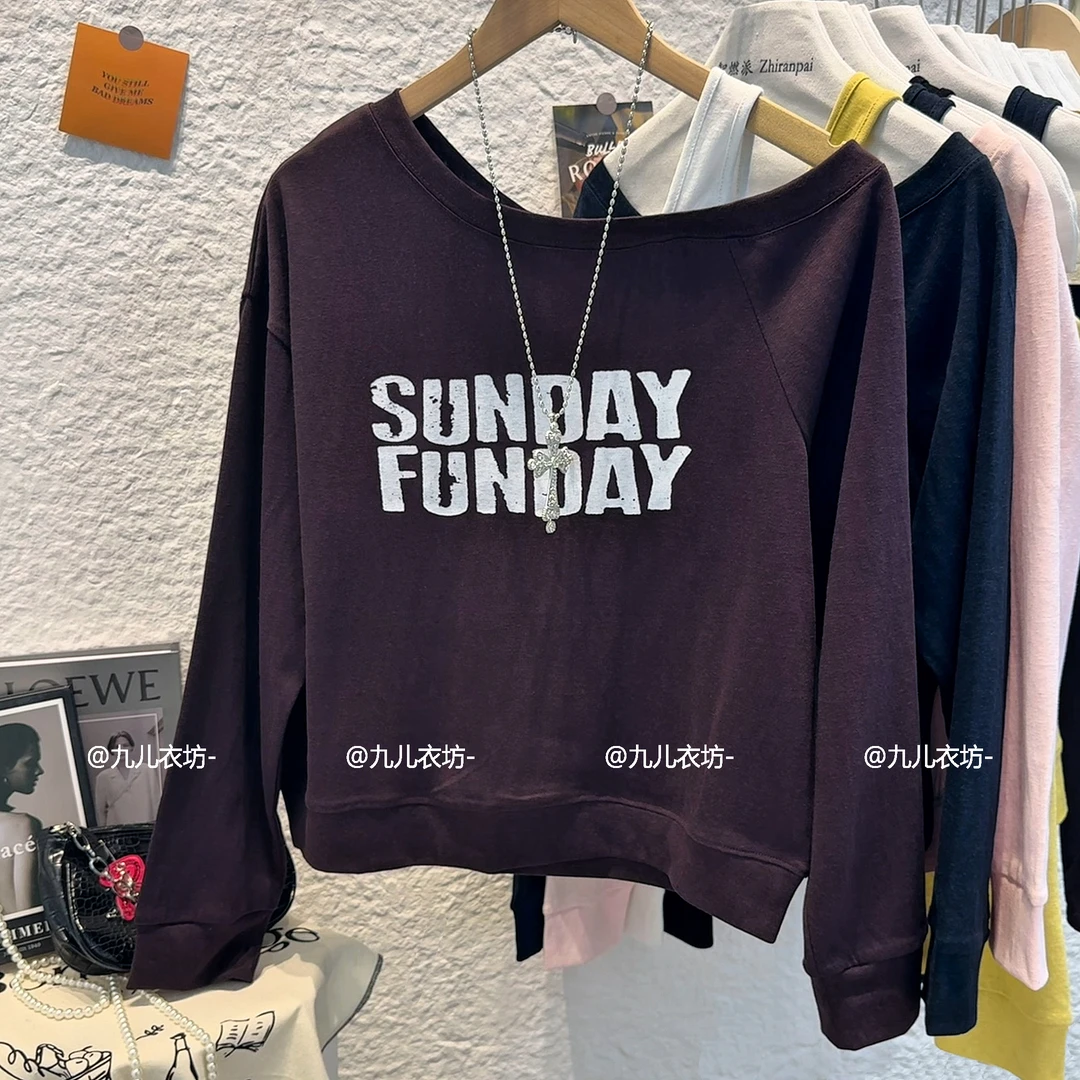 2025新款设计感斜肩撞色拼接字母印花长袖T恤秋季上衣女