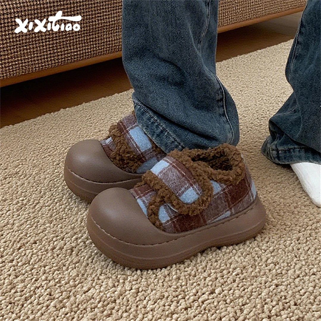 细细条 复古撞色格子面包鞋女时尚冬季户外亲子魔术贴毛毛鞋棉鞋