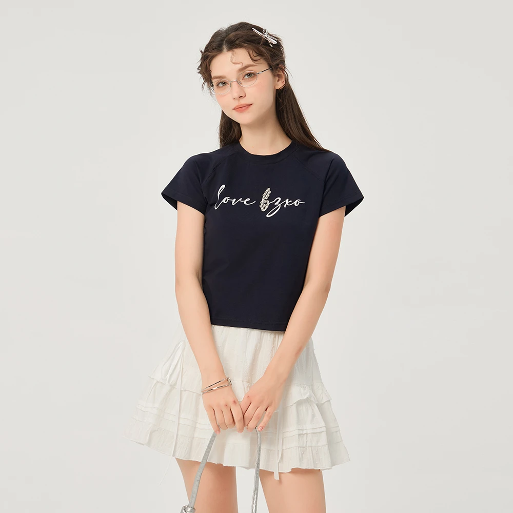 BZXO原创镶砖正肩短袖T恤女夏季2025新款修身显瘦短款百搭上衣服