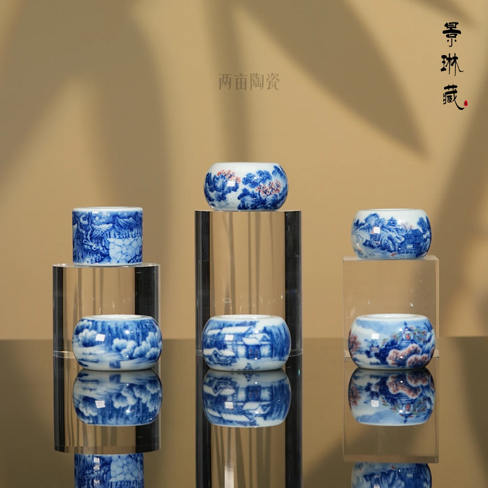 景琳藏山水扳指盖置  景德镇釉下彩 全手工 中式青花手绘茶具