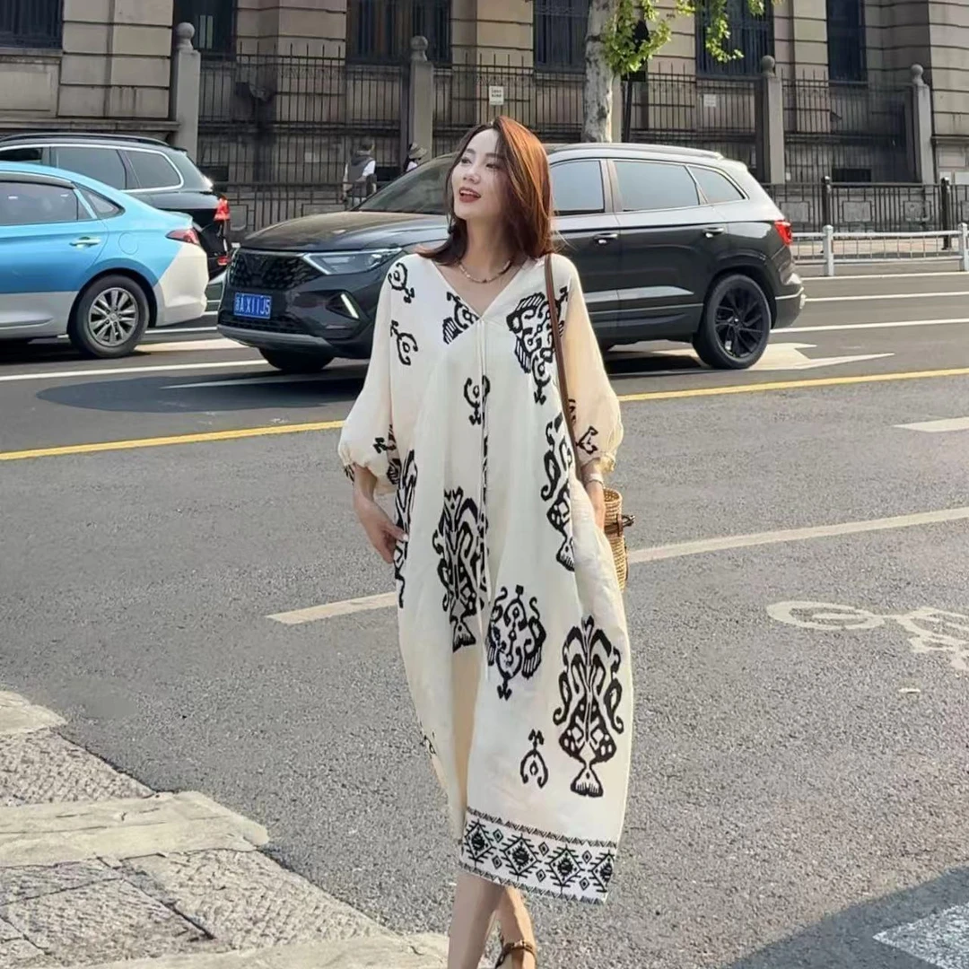 夏季新款松弛感显瘦遮肉复古印花连衣裙+内衬裙两件W023