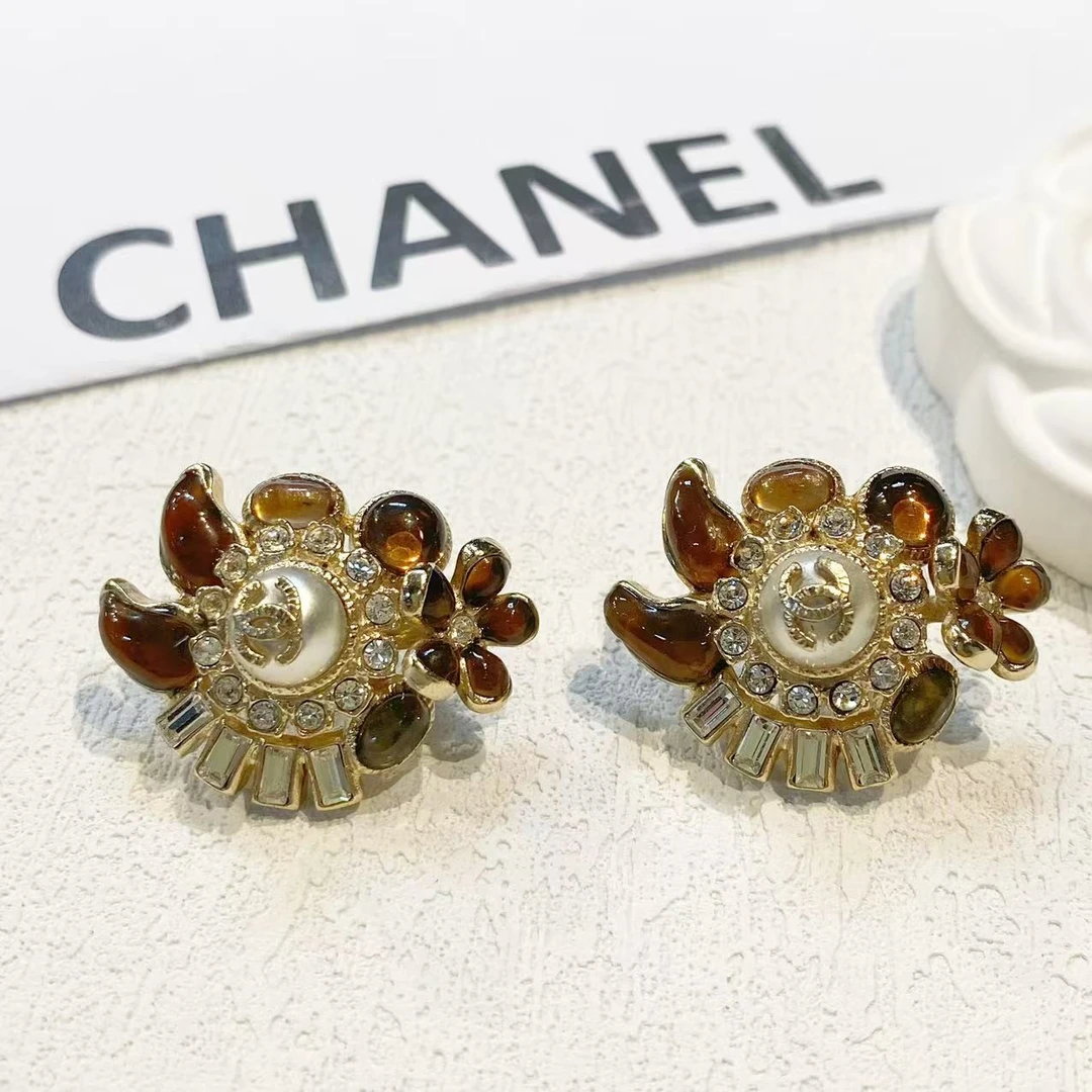 95新 Chanel/香奈儿 中古珍珠双C琉璃莱茵石耳夹/MJ54073