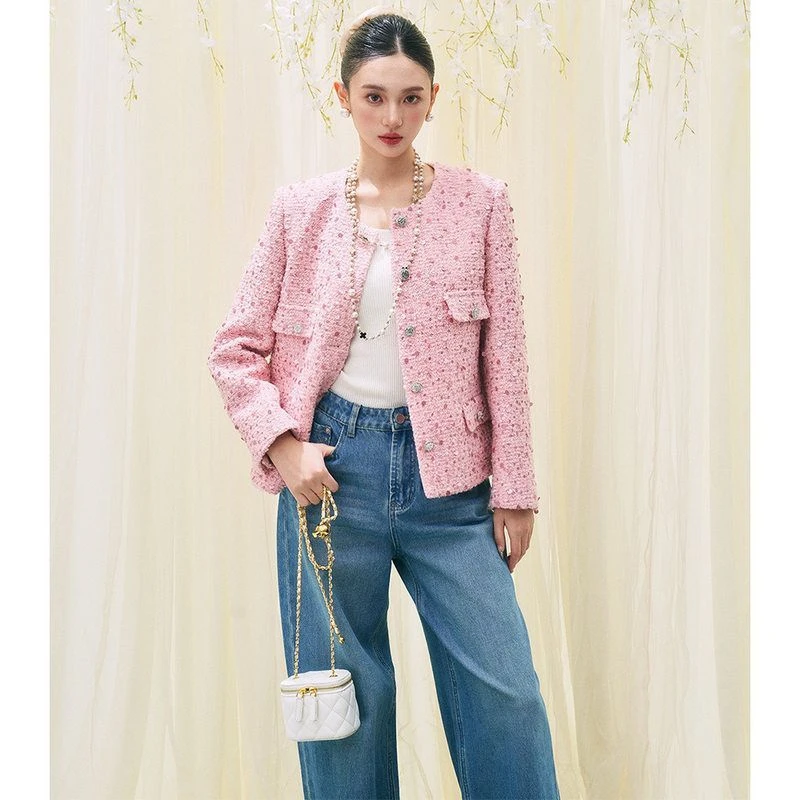 【盛都】25早春新款法式名媛粉色粗花呢亮片短小香风上衣外套