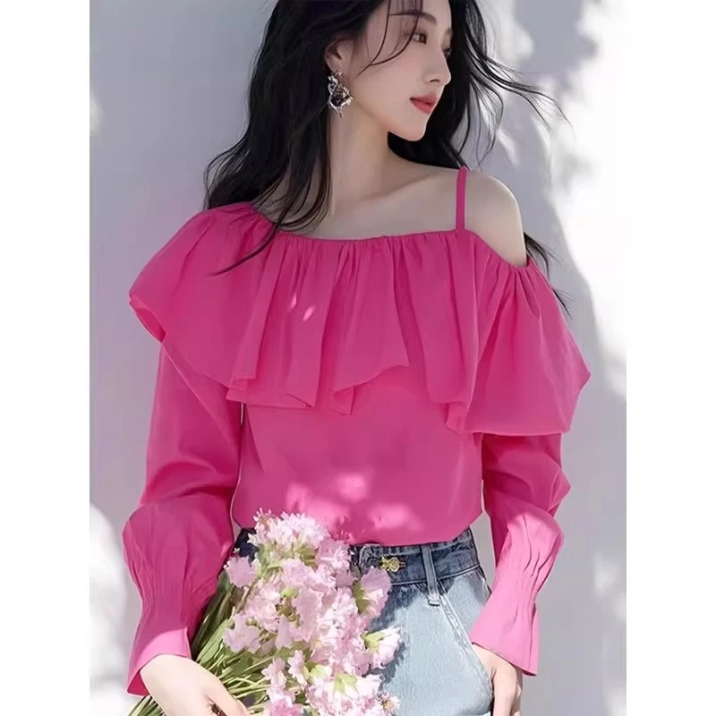 今年流行漂亮独特绝美小上衣时髦小姨风穿搭玫红色荷叶边露肩衬衫