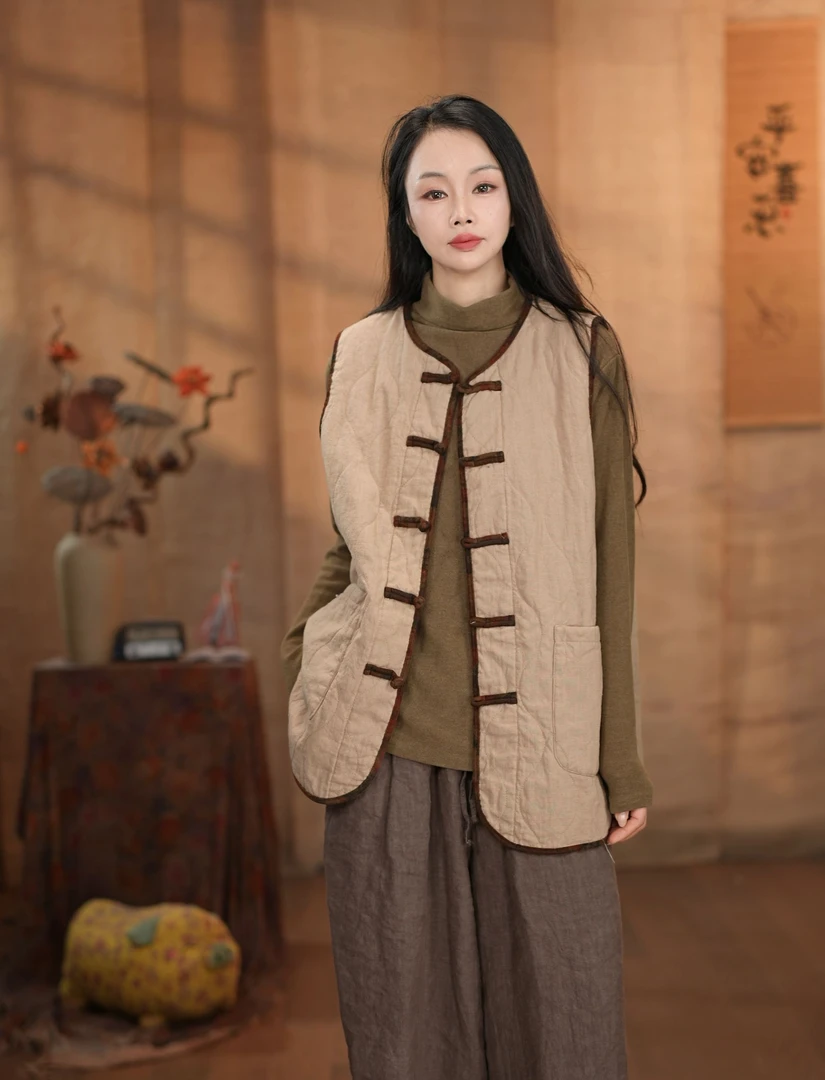 MDE【棉马甲】圆领手工盘扣宽松休闲百搭中长款Y2430