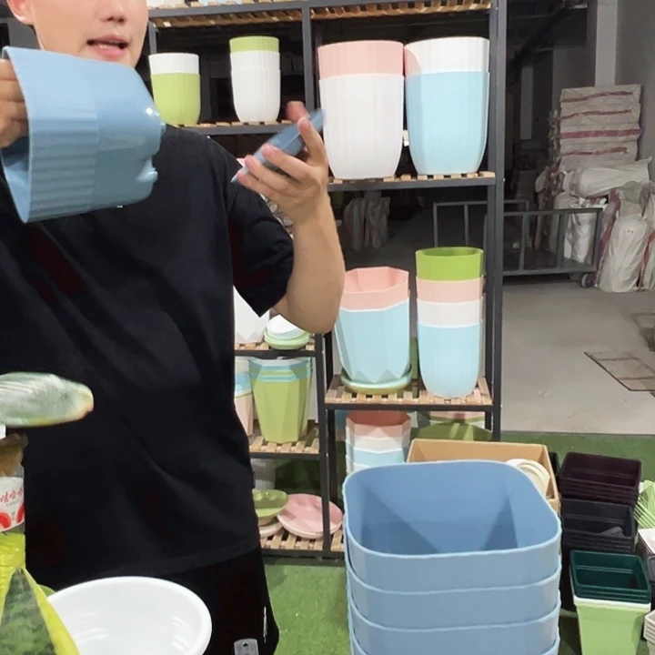 正品方形一体盆口14.5高14蓝色带托6只