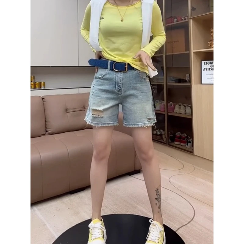 蓝色复古牛仔短裤女夏季薄款大码胖mm小个子高腰显瘦a字阔腿热裤