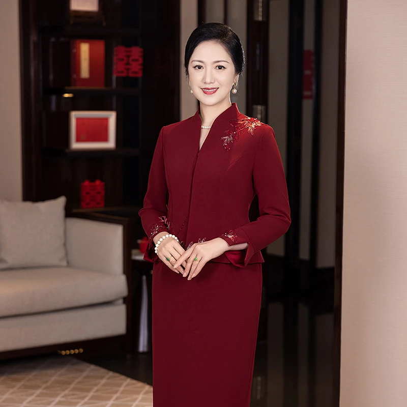 蕾蒂若旗袍礼服婚礼新款高档两件套红色显瘦婚宴连衣裙服饰987