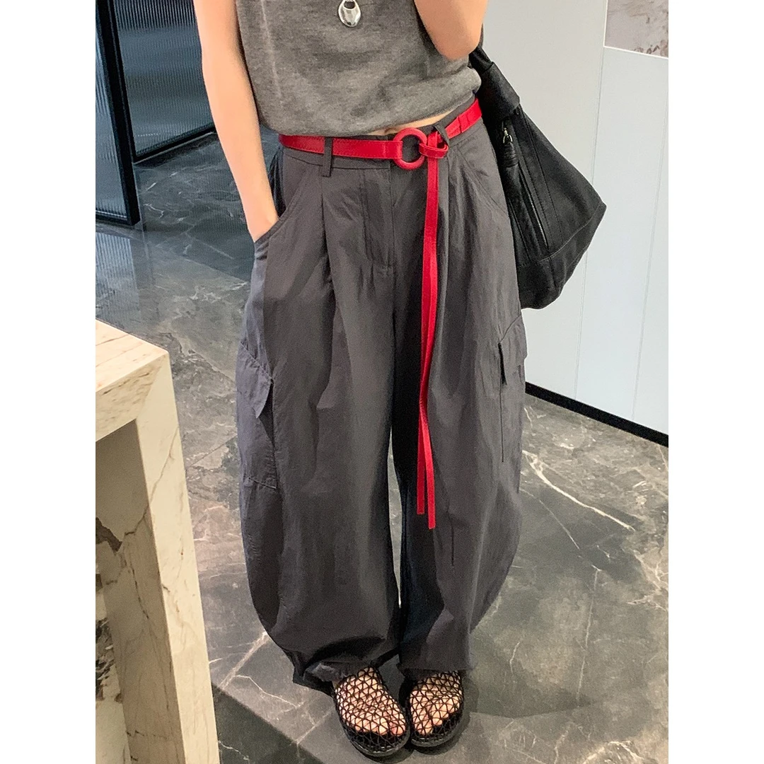 深灰色裤子夏季薄款降落伞工装裤女美式口袋宽松弯刀裤垂感休闲裤