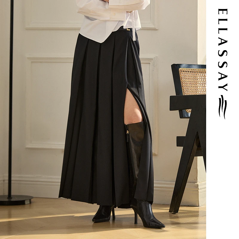 ELLASSAY歌力思2025秋季新款长款侧开叉百褶半身裙女EWB363Q01400
