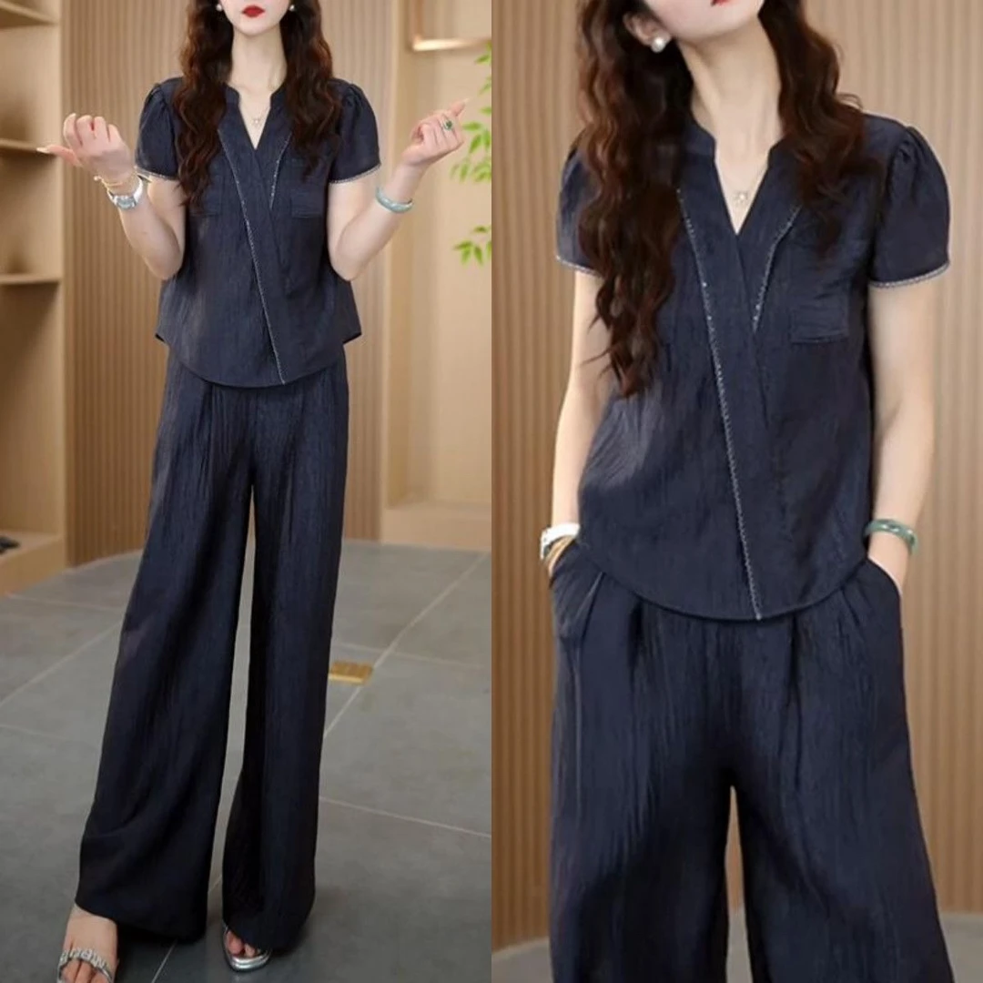 7417夏季新款高级时尚显瘦减龄上衣阔腿裤套装