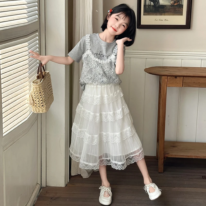 女童连衣裙夏装2025新款洋气夏季大童短袖T恤女孩半身裙两件套潮