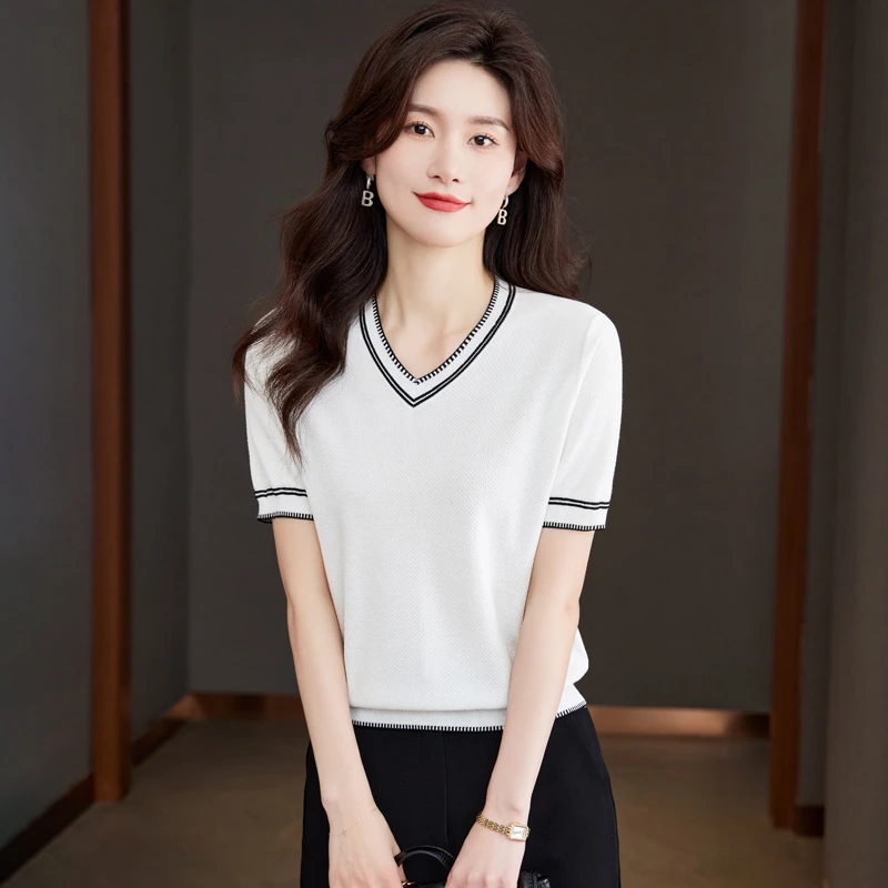 哥弟阿玛施正品冰丝短袖女T恤2025新款夏季T恤V领针织衫短袖上衣