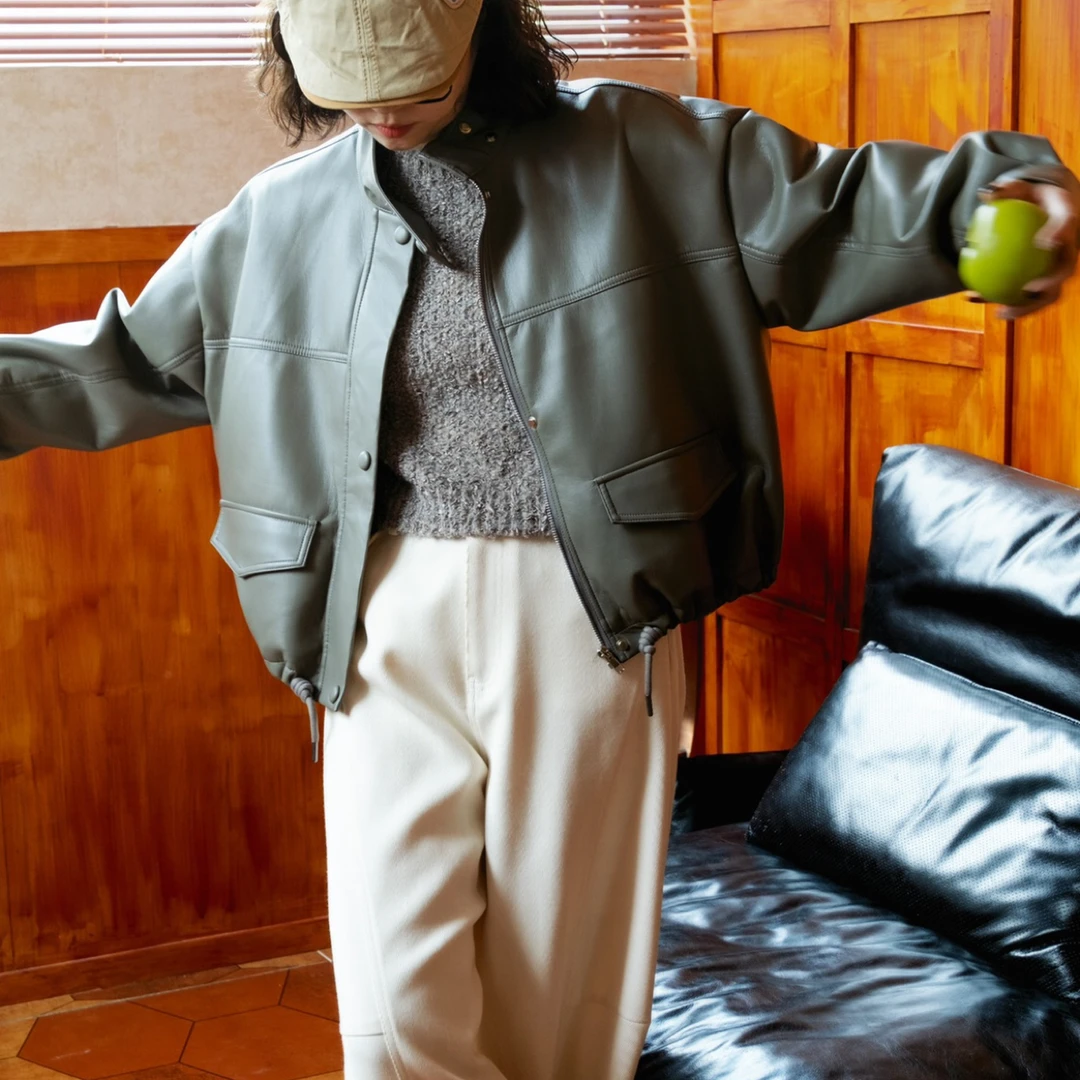 常规款短款拼接秋季西装领皮衣上衣复古休闲圆领