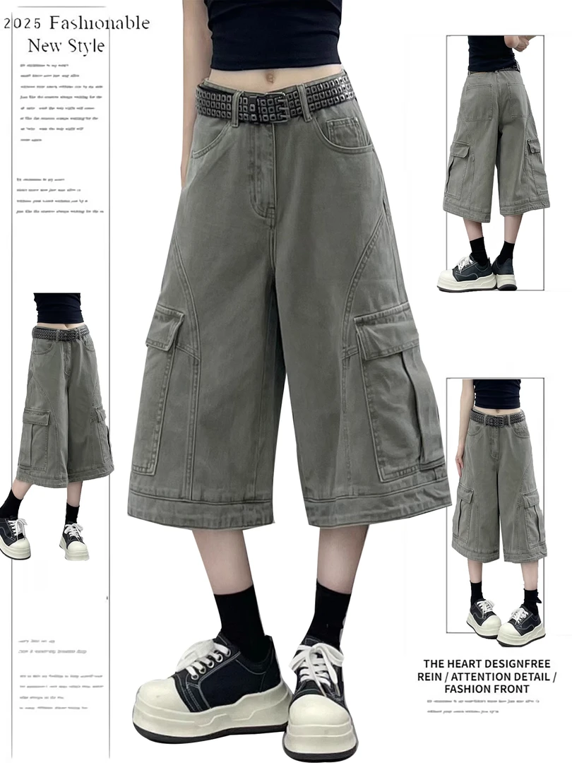 水洗做旧工装裤女款2025新款七分美式复古大口袋宽松阔腿休闲短裤