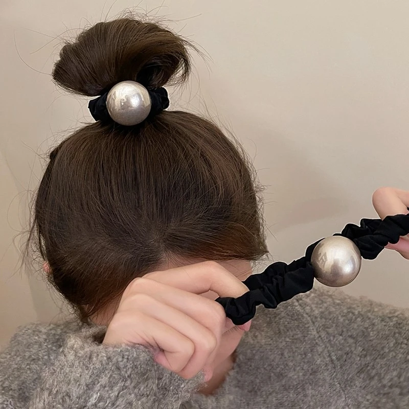 简约大珍珠复古发绳小肠发圈粗大肠皮筋女马尾扎头绳低丸子头发饰