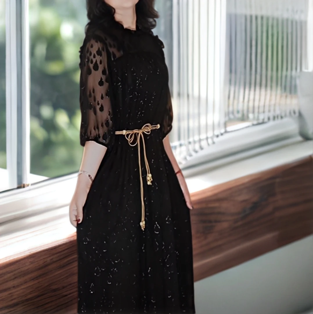 F509【旭日东方】黑色水滴花设计师木耳边领时尚春夏连衣裙气质百搭