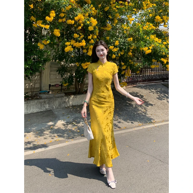 凌茜【金色晨曦】新中式显瘦复古春夏修身长裙高级感复古旗袍连衣裙