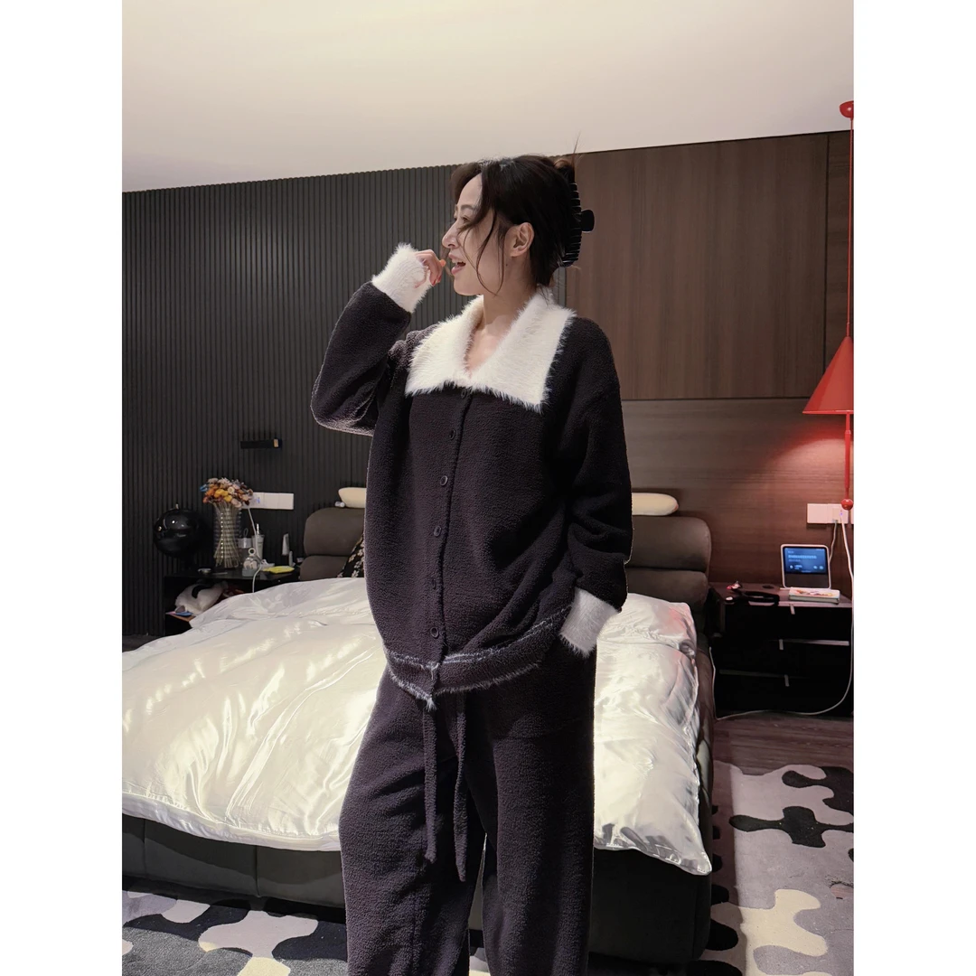 韩系高级感设计毛领针织睡衣女款秋冬新款舒适加厚保暖家居服套装