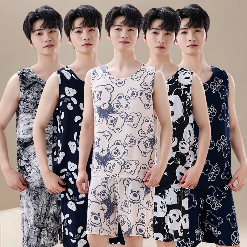 夏季无袖背心短裤睡衣套装男士透气夏天休闲家居服中青年两件套男