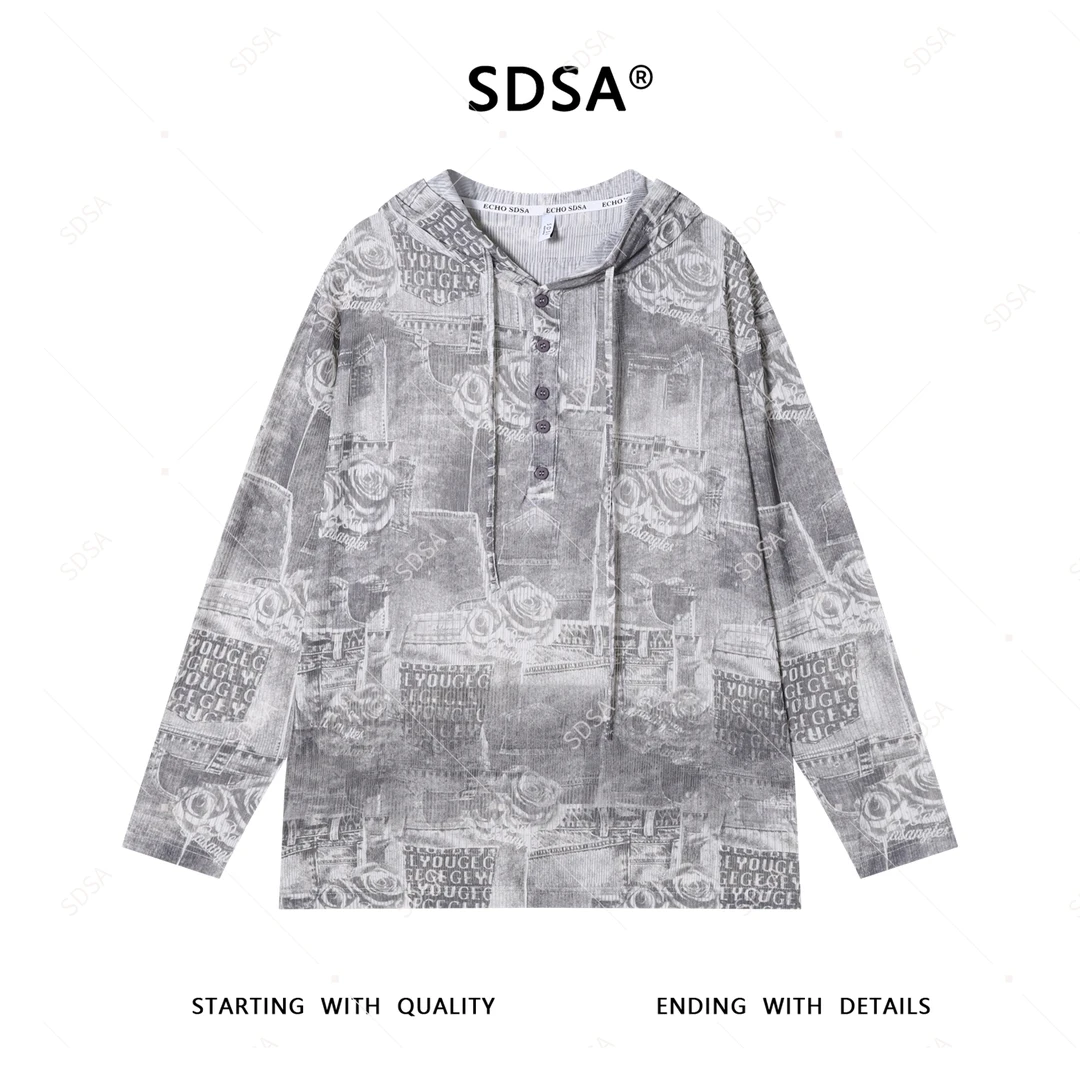 SDSA男士秋冬新款轻奢痞帅男装美式字母半纽扣连帽长袖T恤时尚潮