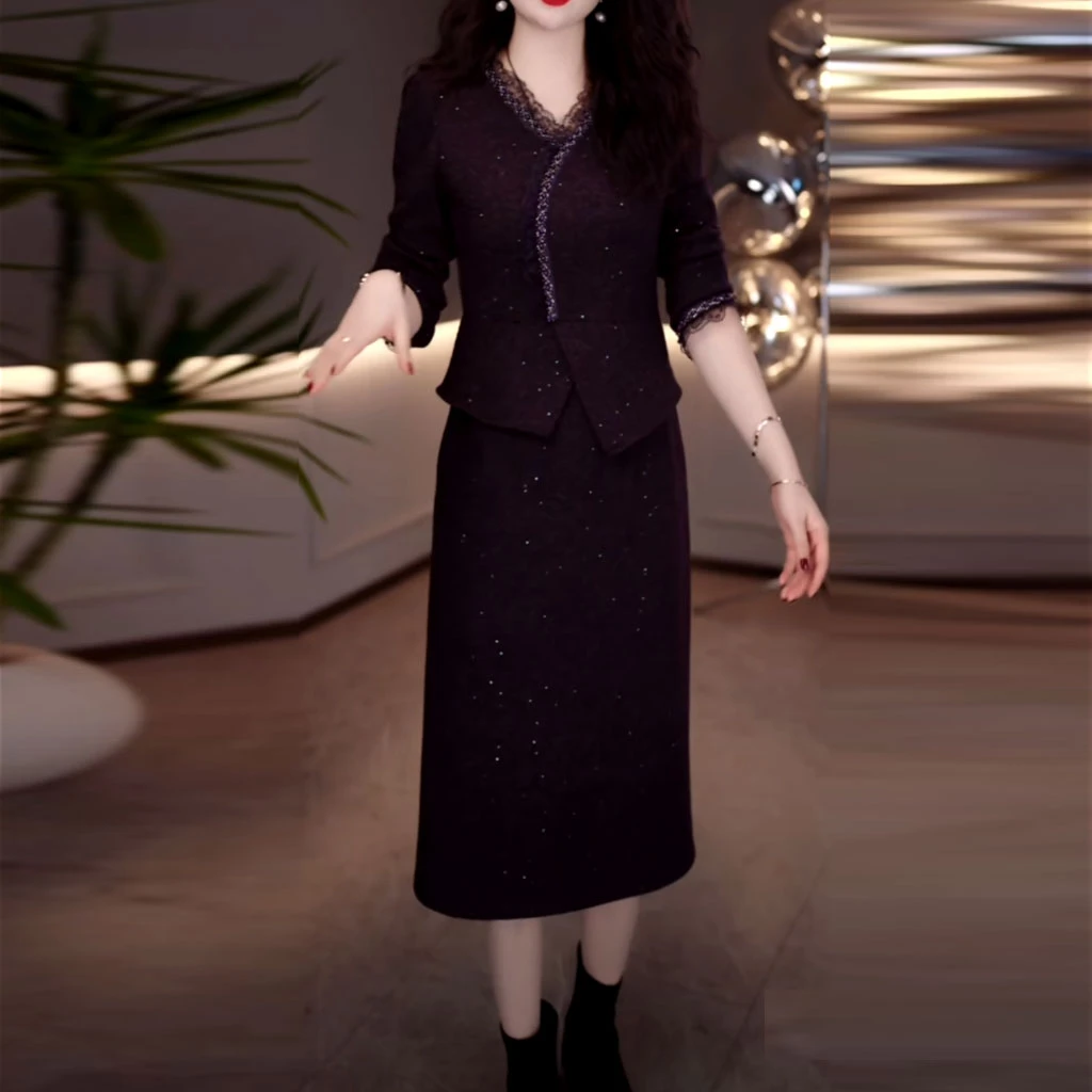 弹力精纺假两件连衣裙2025秋冬新款修身显瘦中长款加厚保暖打底裙