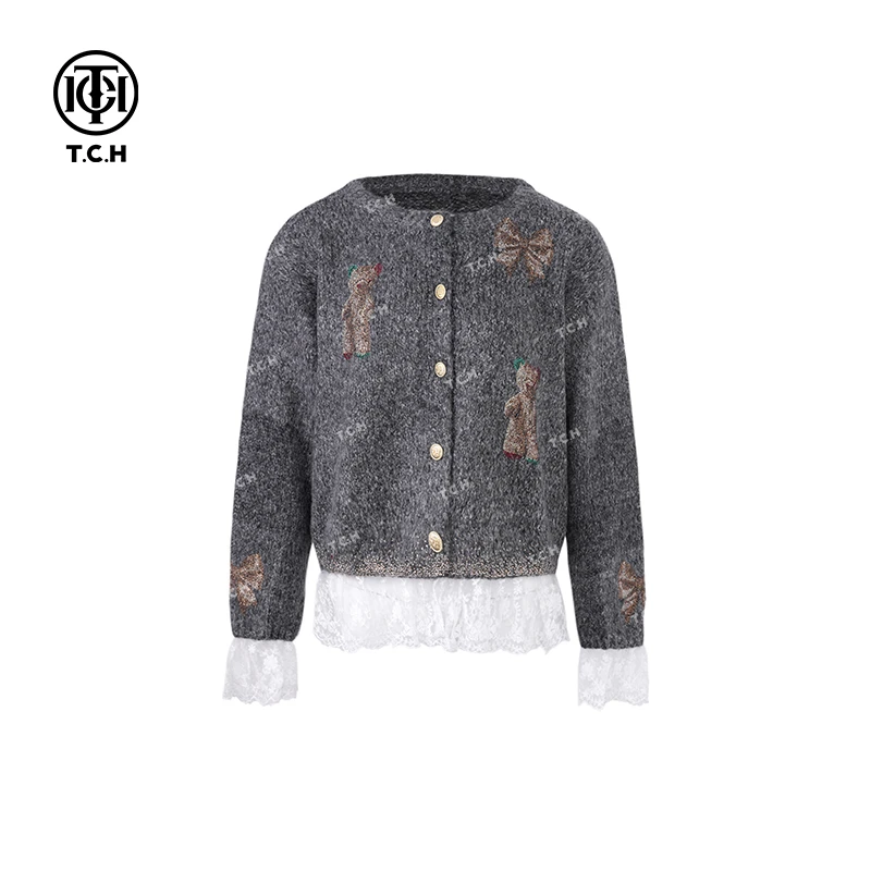 私服-TCH潮牌24秋冬新款蝴蝶结小熊针织开衫T72C43E5106