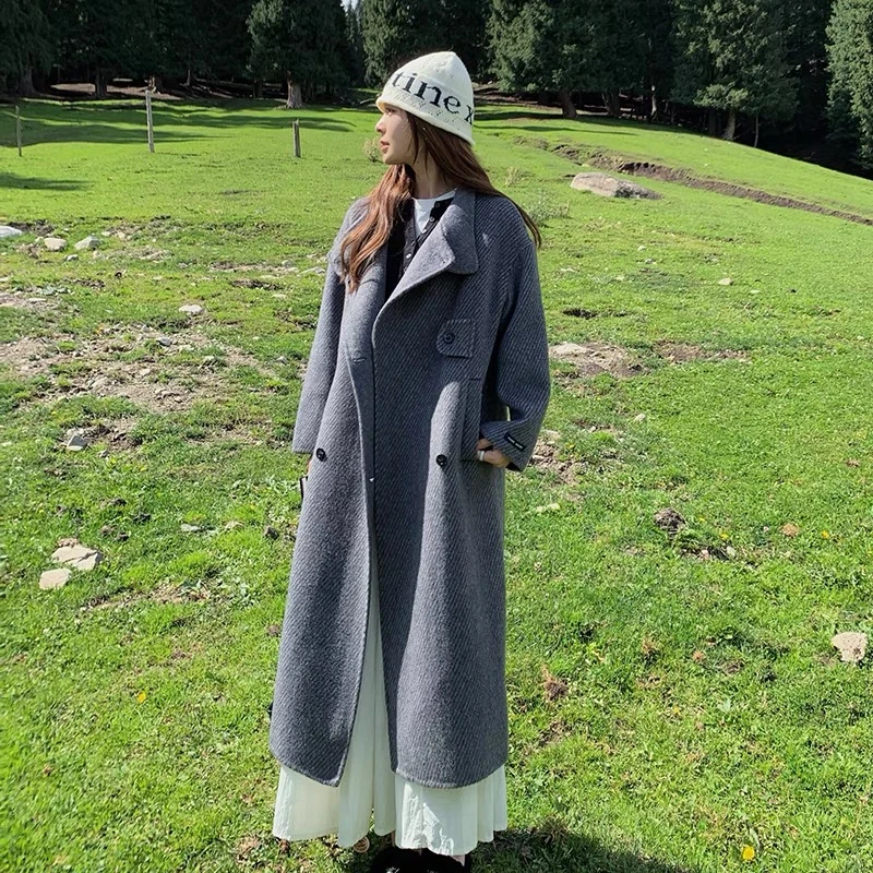 2024新款赫本风立领长款宽松斜纹秋冬双面呢大衣