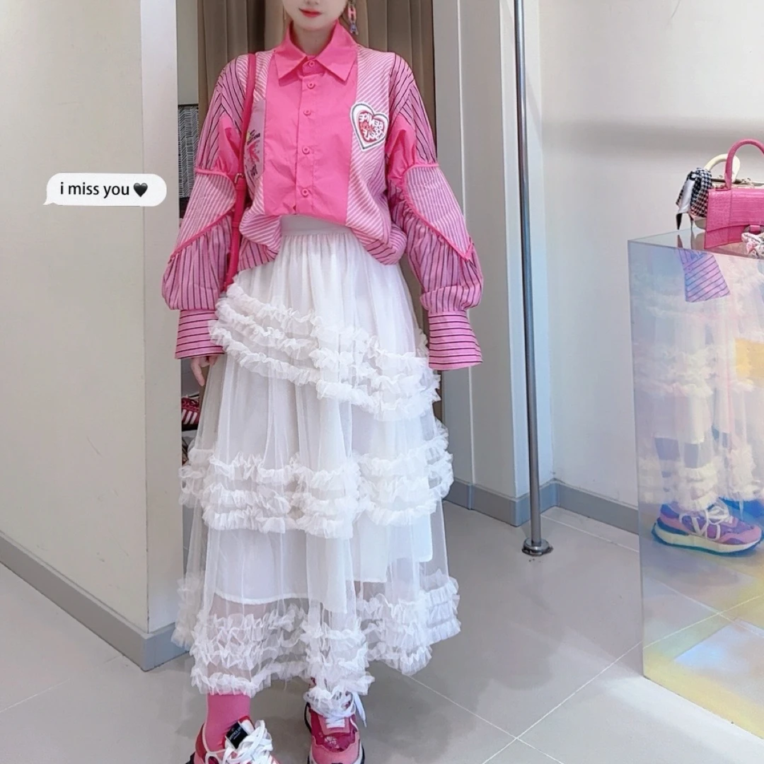 大观欧货女装纯色设计感拼纱半身裙蕾丝中长款A字洋气韩版高腰范