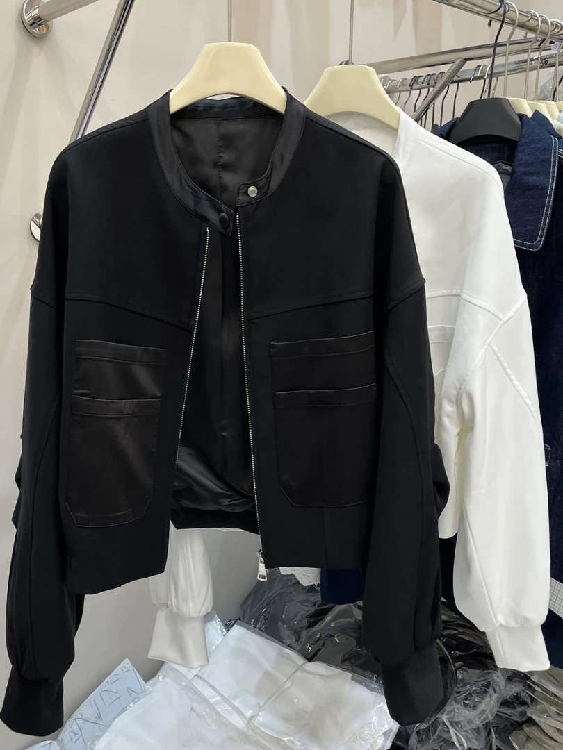 欧货春装新款休闲百搭复古短外套洋气设计感立领小个子女夹克上衣