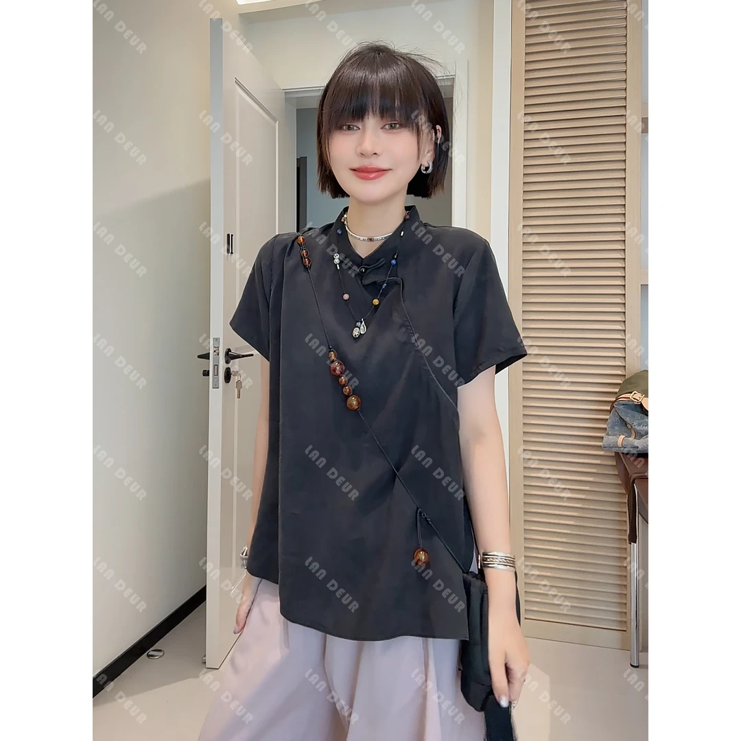 JIUJIU【文静初恋】新中式莱赛尔短款气质盘扣设计感薄款透气衬衫女