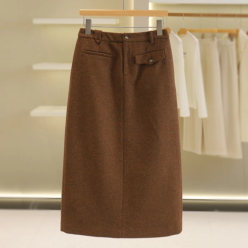 【伍莎-自营】气质高腰下摆开叉毛呢半身裙#RJY48E011