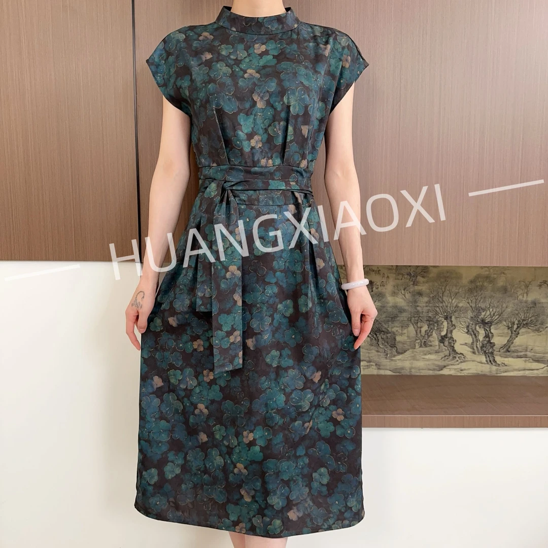 HUANGXIAOXI 天青色四叶草小立领气质短袖连衣裙ZF-546