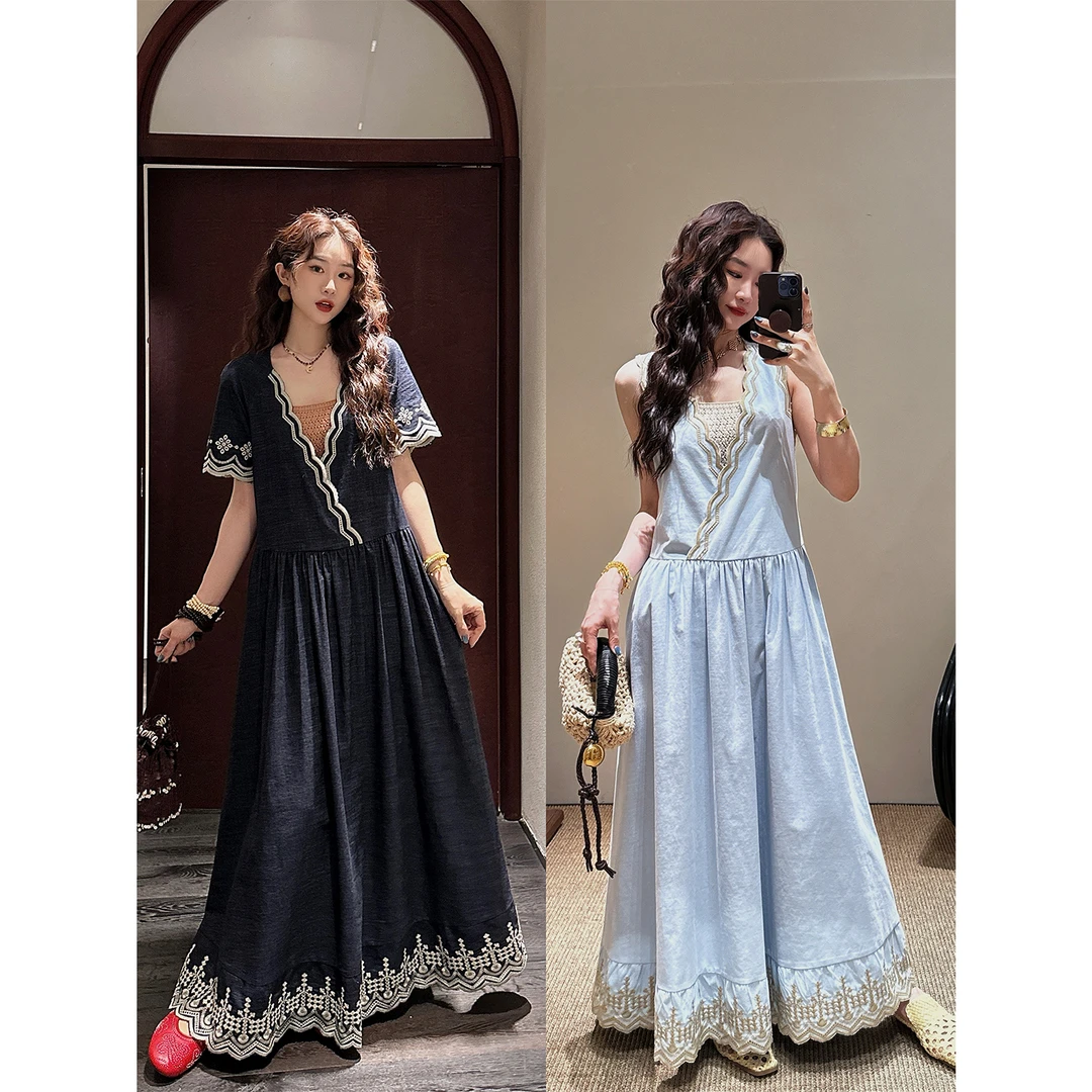 三吉黑花【珈蓝】新中式连衣裙2025新款牛仔长裙子高级感穿搭度假