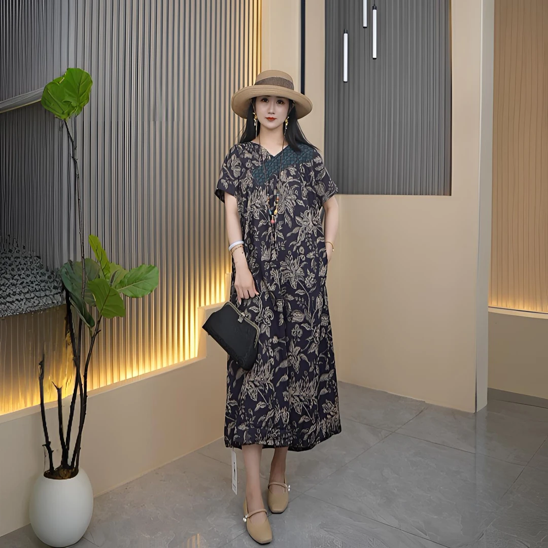 宝象花新中式圆领提花中国风连衣裙中长款气质轻奢夏大码显瘦印花