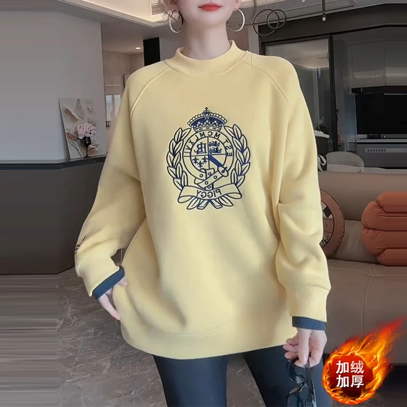 慵懒风假两件圆领加绒加厚卫衣女2025冬季新款宽松显瘦减龄上衣潮