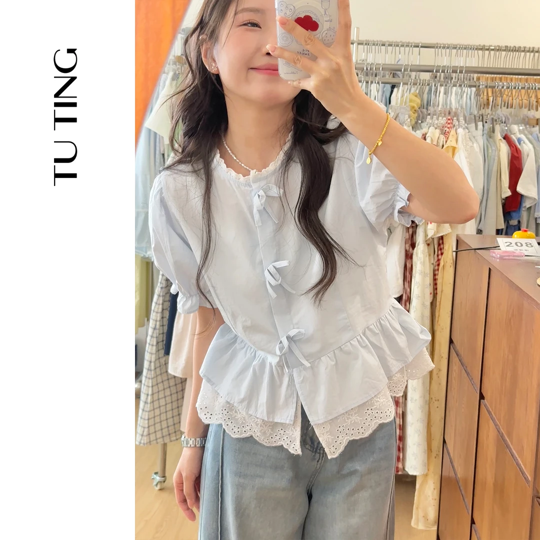 208#夏季蝴蝶圆领短款蕾丝蝴蝶结衬衫上衣宽松设计感小众