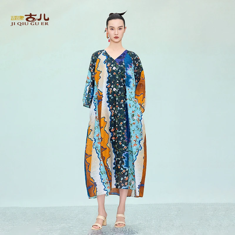 吉丘古儿山奈国风新中式连衣裙复古时尚老钱风拼接印花裙G252Y030