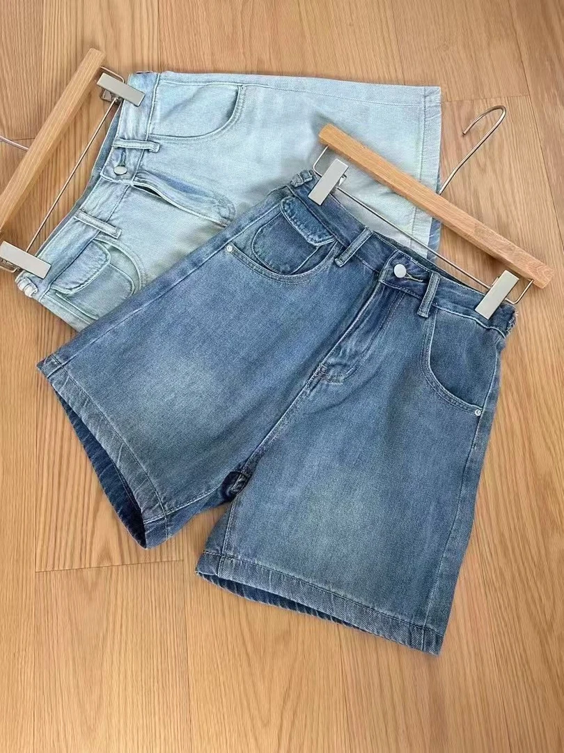 复古蓝牛仔短裤女夏季新款宽松显瘦梨形身材a字阔腿热裤381
