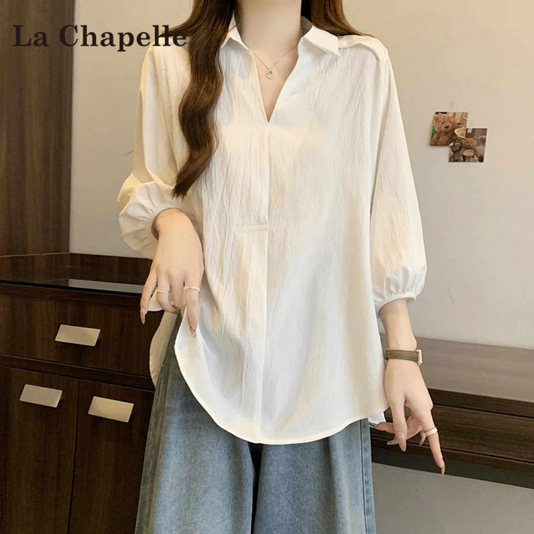 拉夏贝尔百搭半开领中袖T恤女2025早秋新款宽松显瘦纯色套头上衣