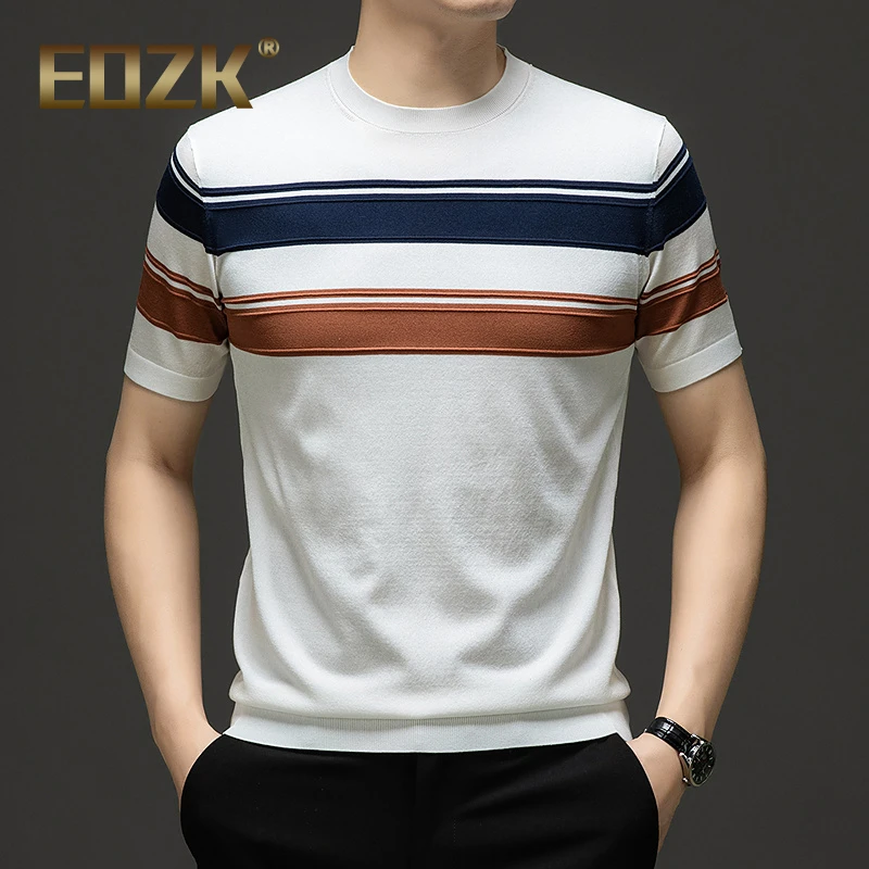 Eozk圆领短袖T恤男士薄款针织衫夏季潮流休闲百搭体恤爸爸装半