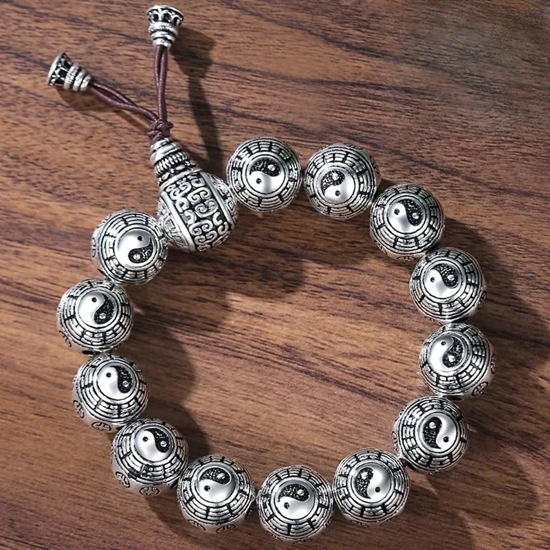 足银手链 足银八卦祥云手链男女款复古圆珠佛珠纯银手串送男友礼