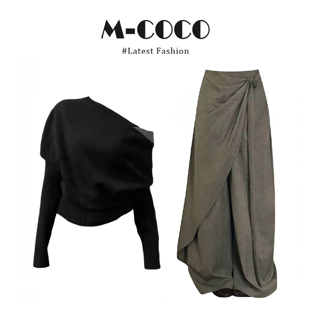 【同款性价比】纯欲一字斜露肩针织衫宽松显瘦阔腿裤气质高级感套装