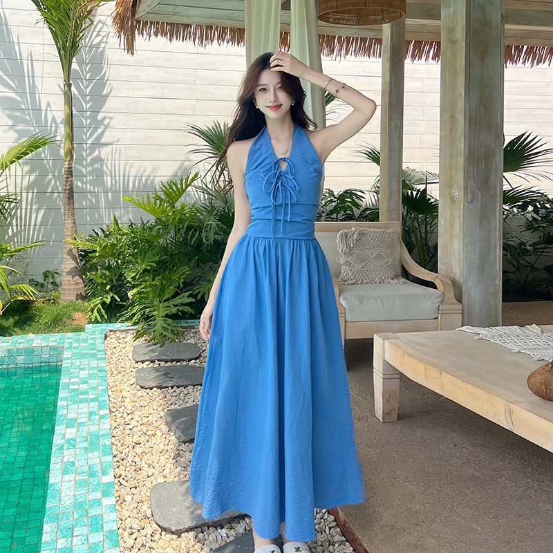 【蕾子专属】夏季法式复古气质百搭V领挂脖吊带连衣裙过膝长款裙